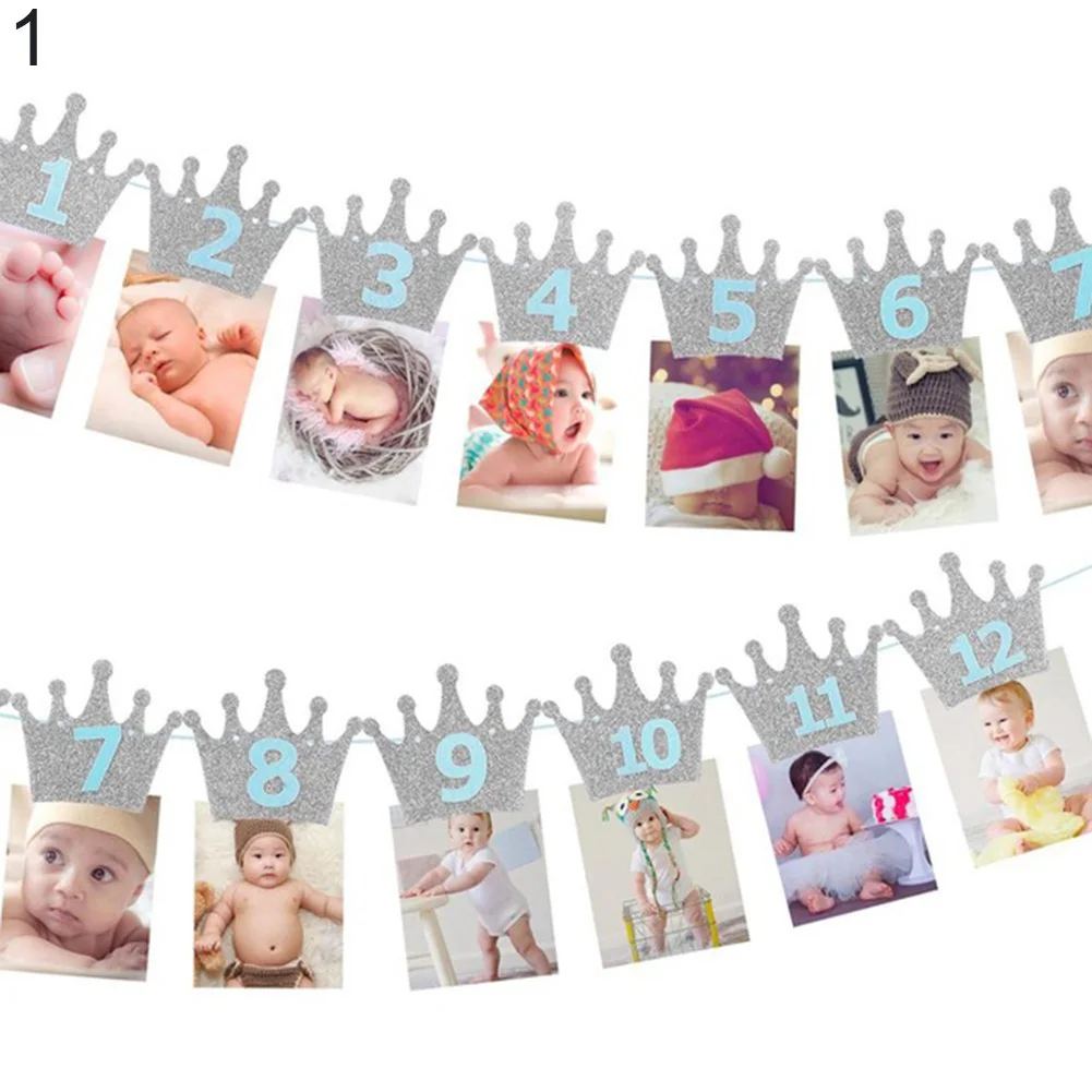 Baby Shower Glitter Crown Birthday Party Glitter Crown Monthly Photo Digital Banner 1-12 Months Garland Garland Party Decor Hot