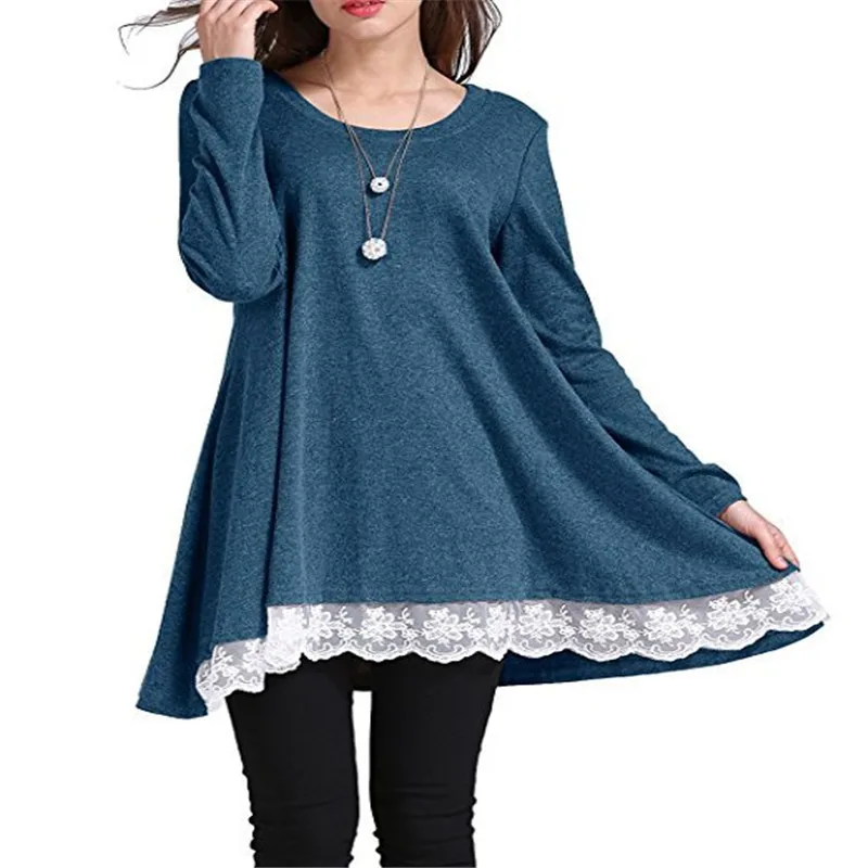 

AECU Mini Dress Women Lace Long Sleeve Tunic Tops Blouse For Women Plus Size O Neck Dress Feminine Vestido Dress Female