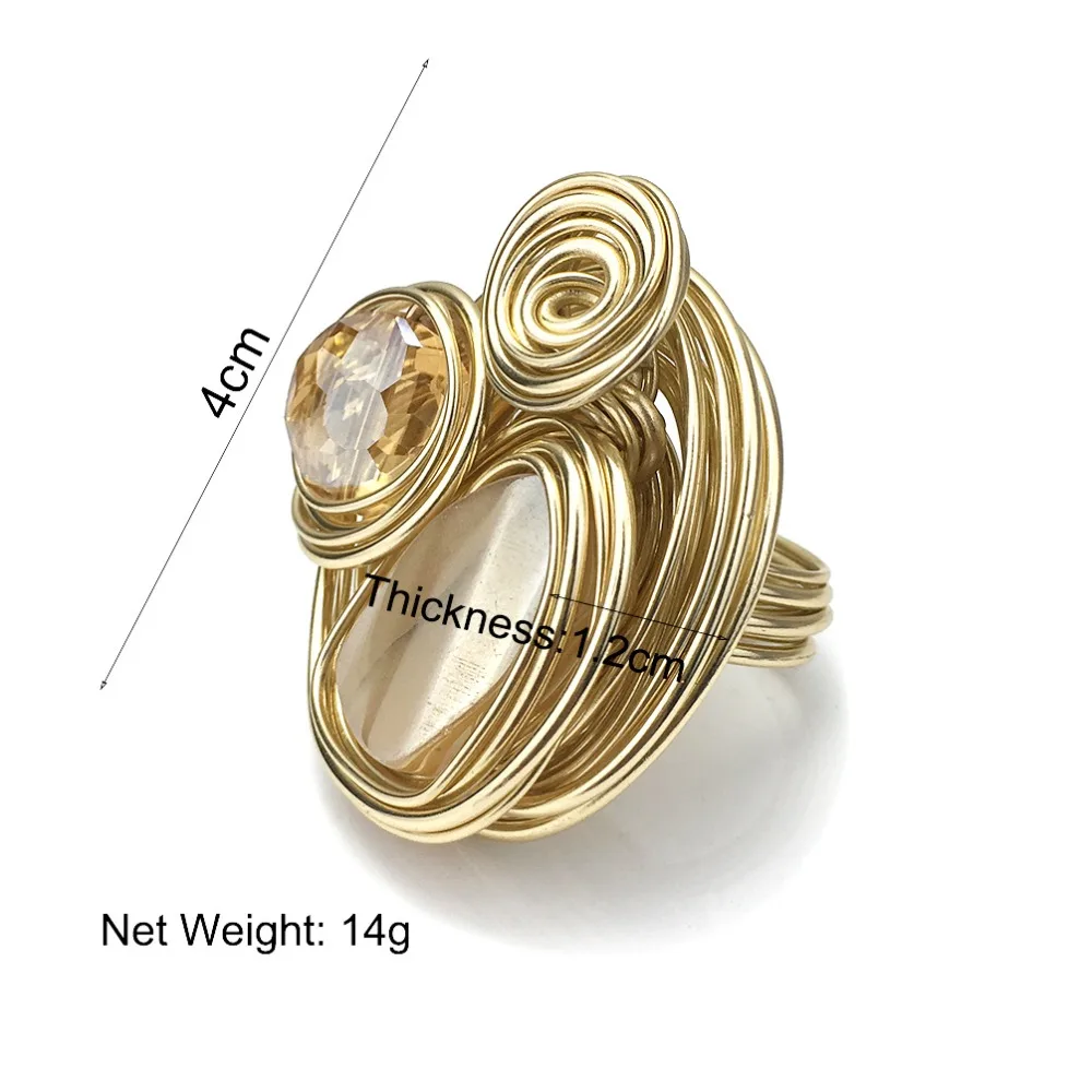 MANILAI Boho Handmade Big Champagne Crystal Rings For Women Fashion Jewelry Gold Color Wire Helical Wound Beads Finger Ring - Image 5