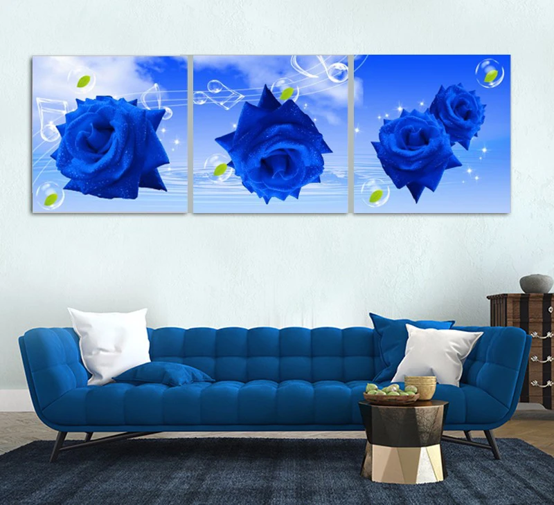 No Frame 3 Panel Oil Painting Picture Canvas Blue Rose Wedding Home Decoration Prints Wall Dector | Дом и сад