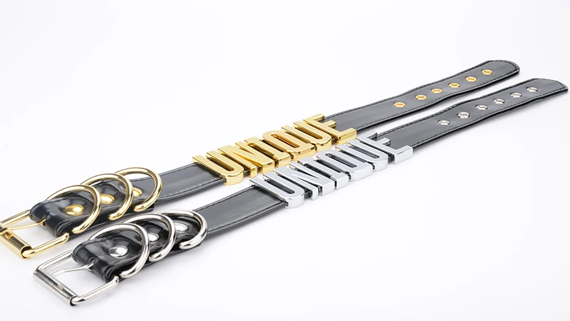 Sexy Designed Unique Choker Gold Silver Metal Collar Handmade BDSM 35MM Big Words PU Leather Buckle Collar Fetish Necklace Women 10