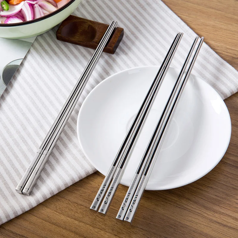 Vanzlife 304 противоскользящие палочки для еды из нержавеющей стали одинарные и двойные кухонные столовые приборы с принтом квадратные острые палочки для еды