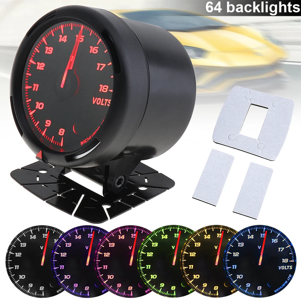 

60MM 12V 8~18V 64 Backlights LED Electrical Car Volt Voltage Gauge Meter Replacement with Voltage Sensor Suitable for Car