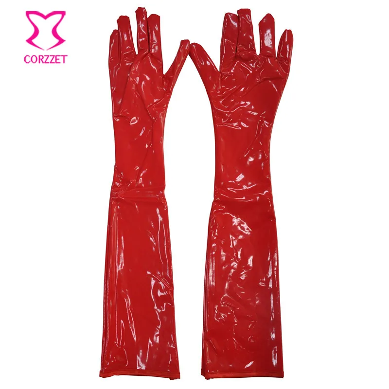 Corzzet готические панк черные и красные ПВХ длинные кожаные перчатки 40 см и 50 см Женские варежки женские кожаные перчатки