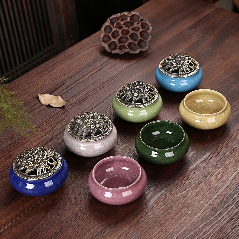 

Ice crack ceramic disc incense burner with sandalwood incense Buddha incense burner