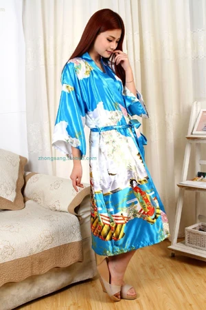 Китайский женский халат шелковое вискозное банное платье Ночная рубашка, юката с поясом Peri S M L XL XXL XXXL WR009 - Цвет: lakeblue