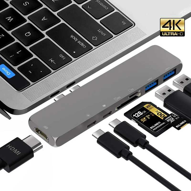 7 in 1 Multiport Dual Type-C Port USB 3.0 Hub High Speed Adapter for MacBook Pro