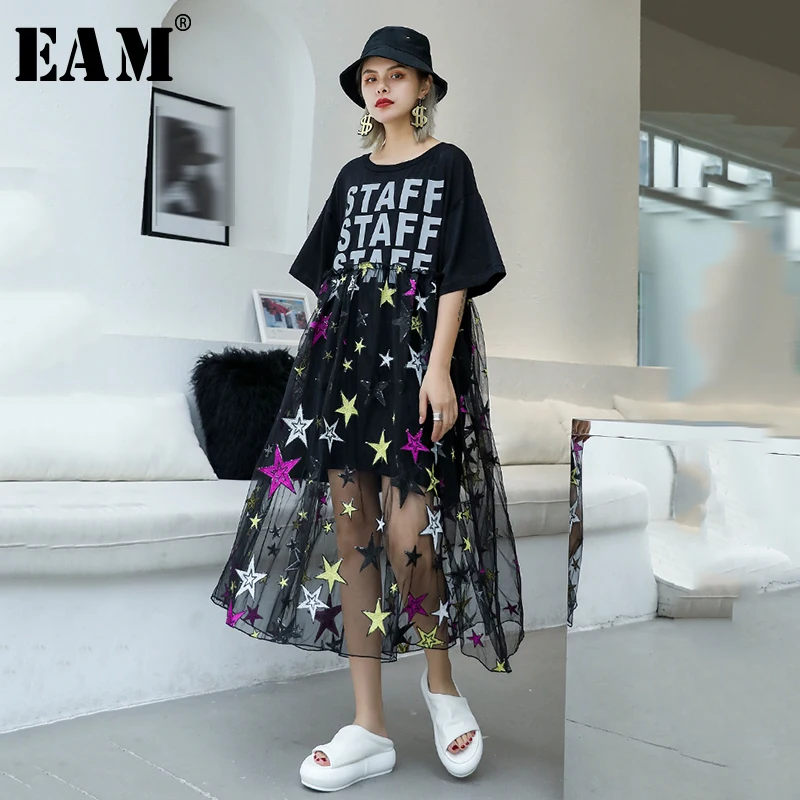 

[EAM] 2019 New Spring Summer Round Neck Half Sleeve Letter Printed Mesh Printed Loose Big Size Dress Women Fashion Tide JU634