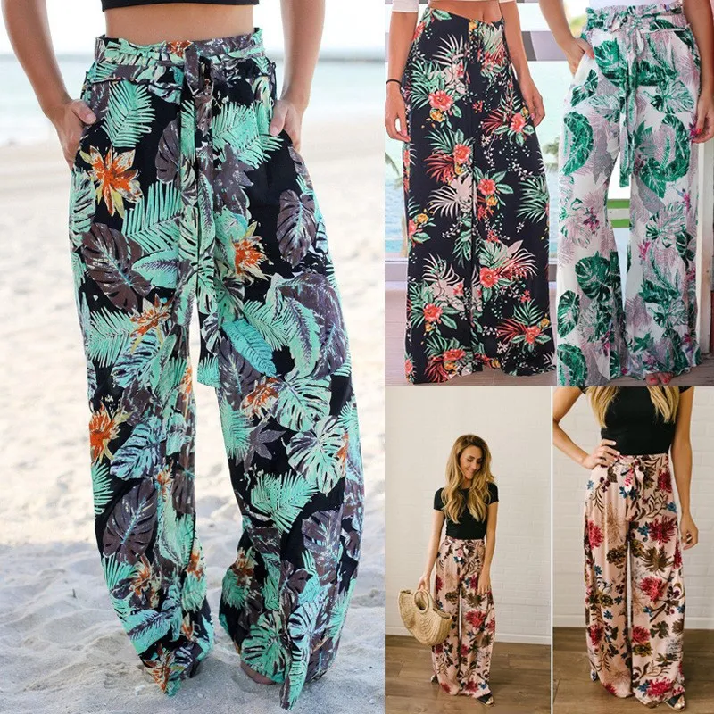 Fashion Summer Women Green Palm Leaf Print Pants Causal Bohemian High Waist Beach Wide Leg Trousers Loose Lace Up Yoga Pants Fashion Summer Women Green Palm Leaf Print Pants Causal Bohemian High Waist Beach Wide Leg Trousers Loose Lace Up Yoga Pants