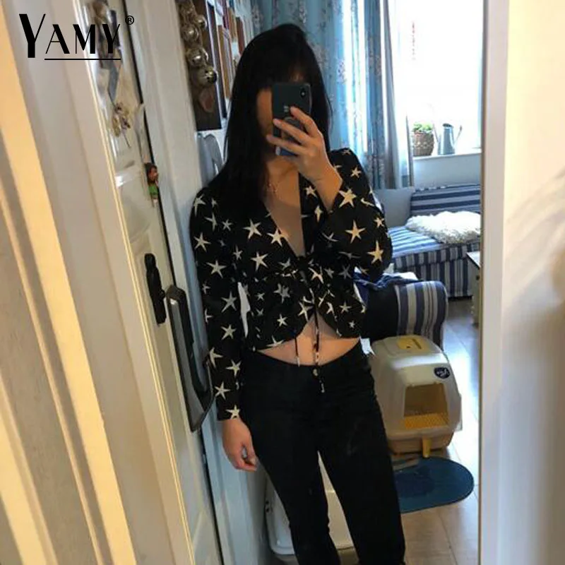Summer vintage womens tops and blouses ruffle ladies crop top star print kimono shirt women long sleeve blouses blusa feminina Summer vintage womens tops and blouses ruffle ladies crop top star print kimono shirt women long sleeve blouses blusa feminina