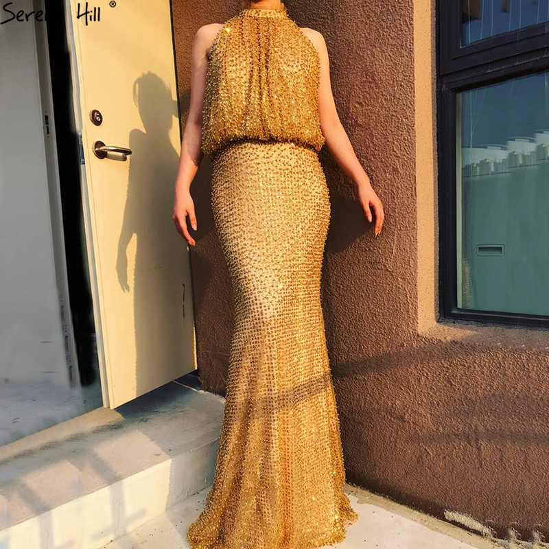 

Halter Sexy Fashion Mermaid Evening Dresses 2019 Beading Pearls Glitter Sleeveless Elegant Evening Gown Serene Hill LA6460
