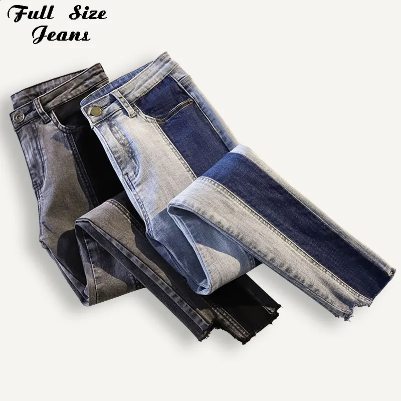 Summer Plus Size Ripped Skinny Mid Waist Black Contrast Color Stretch Ankle Length Mom Jeans 3XL 4XL Women Capris Pencil Pants