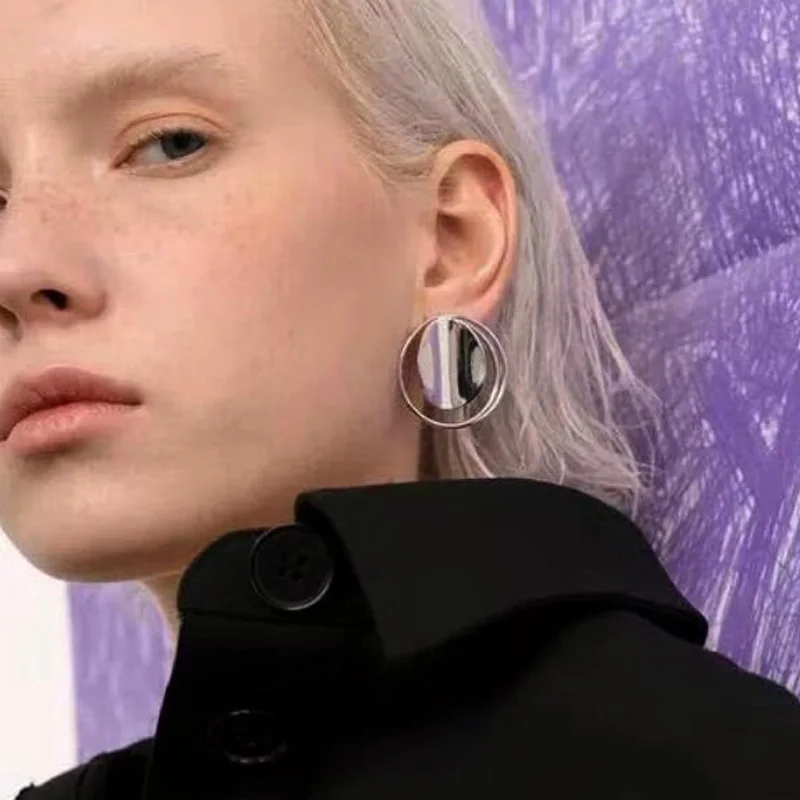 

Fashion metal punk stud Earrings silver Colors Glossy Hollow New Design Round Shape big Earrings Women Jewelry gift