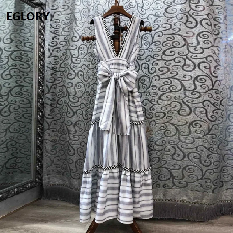 

Top Grade Designer Long Dress 2019 Summer Beach Style Women Sexy Deep V-Neck Striped Print Bow Belt Sleeveless Long Maxi Dress