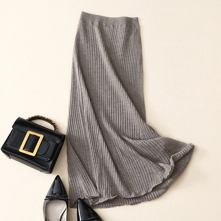 Шерстяная кашемировая Длинная женская трикотажная юбка с высокой талией - Цвет: Coffee
