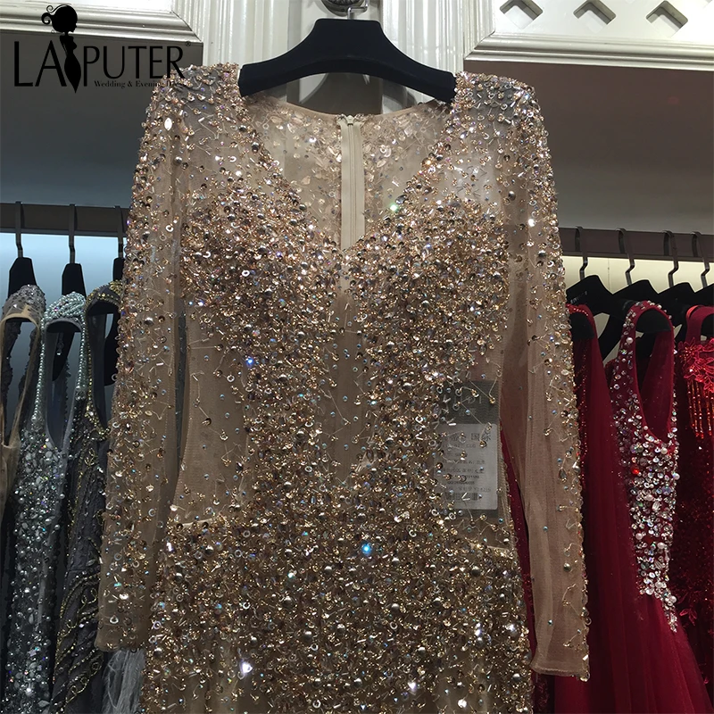 

Real Photo 2017 Amazing Luxury High Quality Crystal Handwork Long Sleeves See Through Formal Evening Prom Dress LAIPUTER