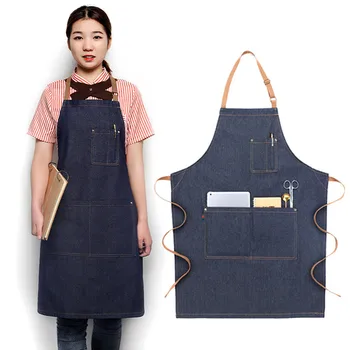 

Denim Kitchen Cooking Apron with Adjustable Cotton Strap Large Pockets Blue Barista Men and Women Homewear