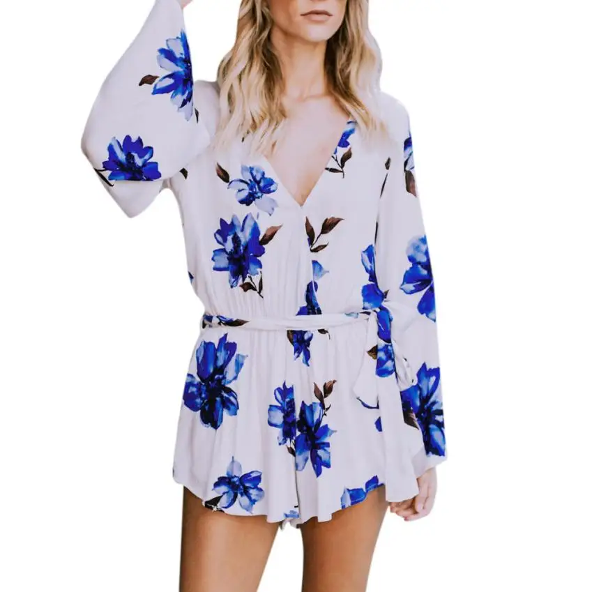 Feitong Women Floral Crepe Romper Beach Cover Up Long Sleeve V Neck