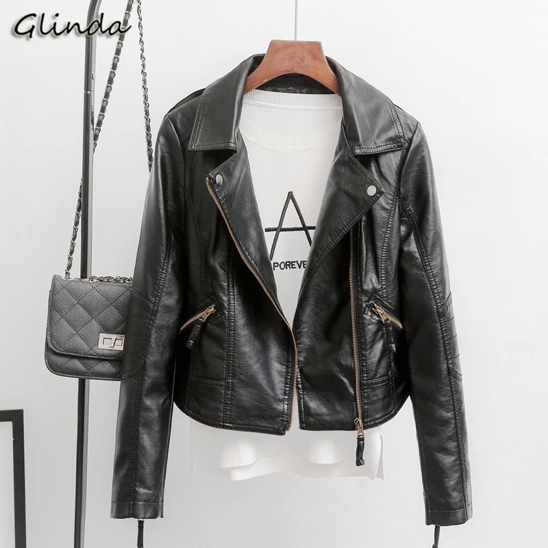 

Women Pu Leather Jacket Female Spring Autumn Motorcycle Coat Short Turn-down Collar Zipper Plus Size Slim Faux Leather Biker