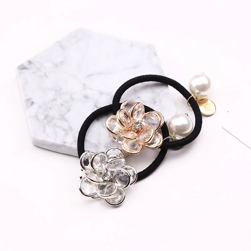 Women Girls Camellia Flower Elastic Hair Bands Handmade Crystal Pearl