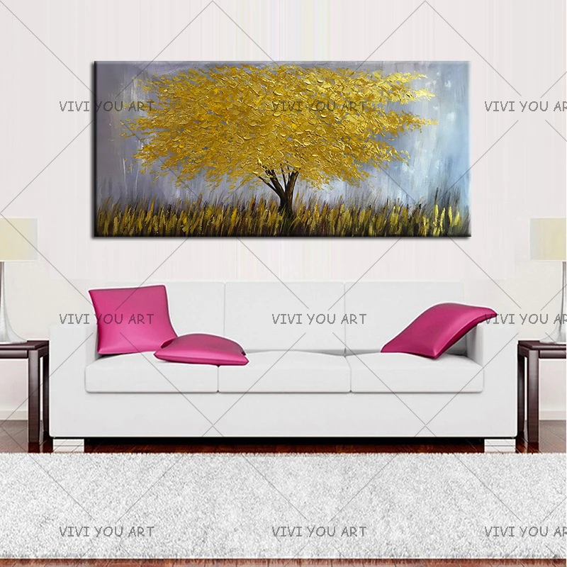 

New Handmade Large Modern Canvas Art Oil Painting Knife Golden Tree Paintings For Home Living Room Hotel Decor Wall Art Picture