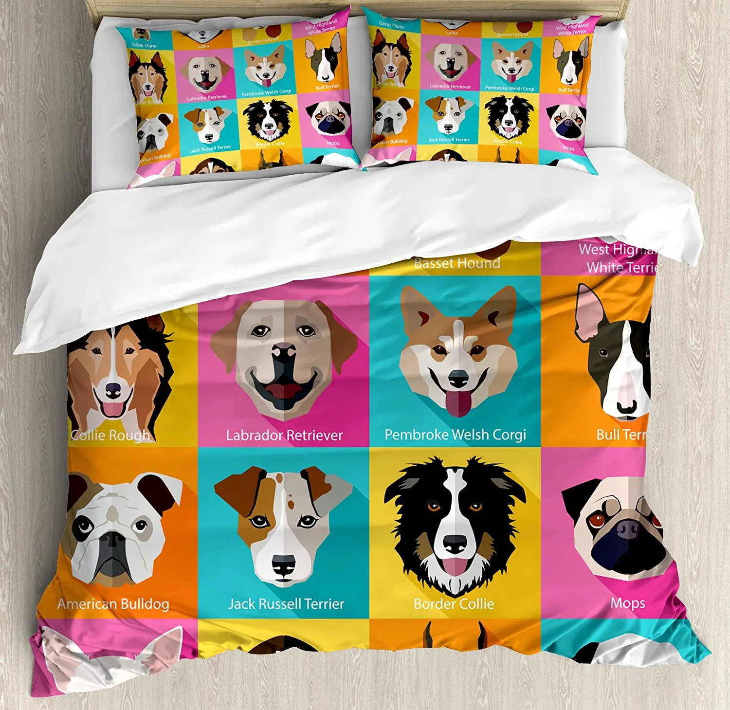 

Kids Duvet Cover Set Pattern with Dogs Retro Popart Style Bulldog Hound Cartoon Print Art for Dog Lovers 4 Piece Bedding Set