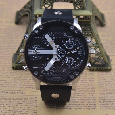 Мужские спортивные кварцевые часы с двумя часовыми поясами, военные часы с двойным дисплеем, силиконовый ремешок с тремя циферблатами, Роскошные мужские часы с большим циферблатом - Цвет: PU-7313H