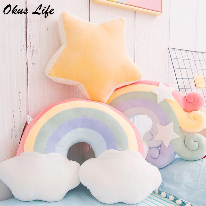 

Home Decor Plush Toys Kawaii Sky Series Baby Sleeping Pillow Stuffed Moon Soft Shooting Star Rainbow Shell Cushion Room Decor