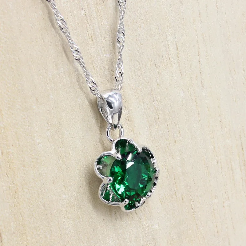 

925 Silver Women Jewelry Green Stones Flower Shaped Pendant Necklace for Women