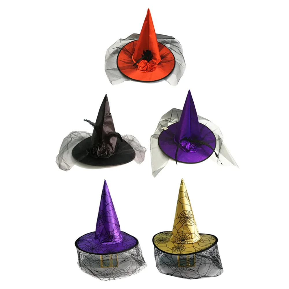 

5 Color Halloween Lace Costume Party Hat with Spider Net Mask Witch Hats Tower Top Magic Props Party Accessory Adult Kids Prop