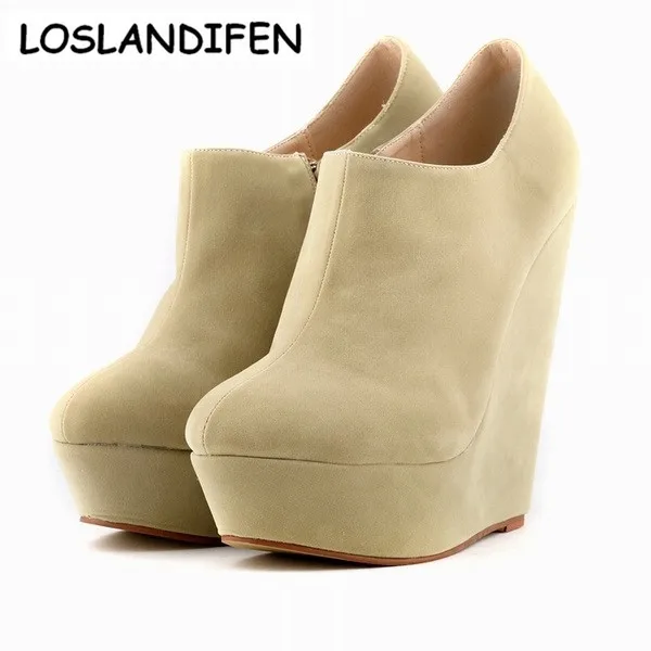 

LOALANDIFEN Women Short Boot Pumps Shoes Elegent Platform High Heels Velvet Shoes Ankle Boots Zip Wedges Flock Boots 391-5