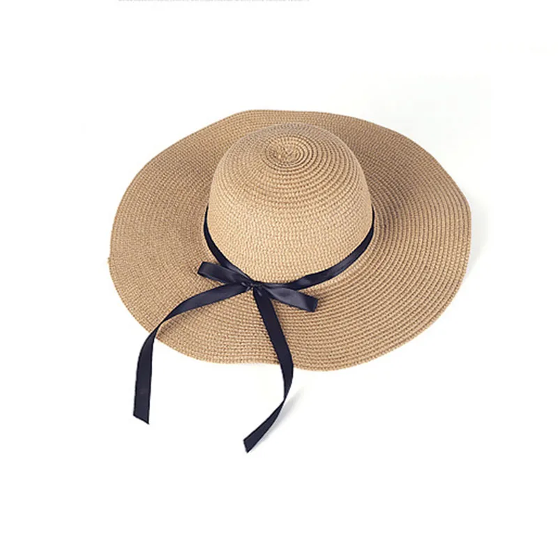 Летняя соломенная шляпа женская солнце Шапки большой прибрежных лук не корейский свежий солнцезащитный крем складывающиеся панамки тент Пляжный ручной работы на открытом воздухе белый - Цвет: Хаки