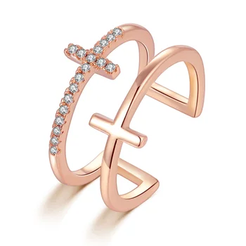 

Cross boutique inlaid double deck Simple joint rings Open adjustable ring S925 standard silver Female fashion