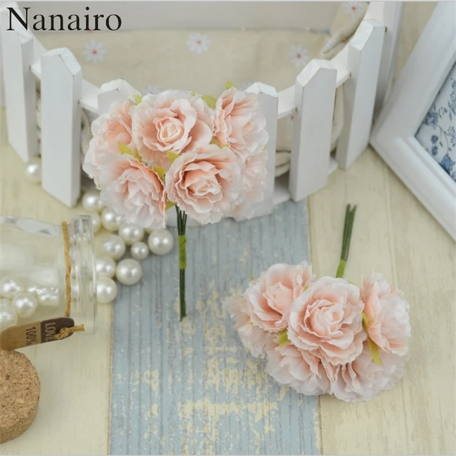 6pcs/lot Mini Silk Artificial Rose Flowers Bouquet Wedding Decoration Paper Flower For DIY Scrapbooking Handmade Flower Ball