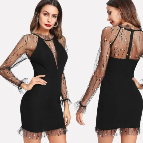 

Sexy Party Dress Women Pearl Vines Lightning Mesh Bodycon Backless Lace Dresses Bandage Mini Sun Dress Clubwear Formal Vestido