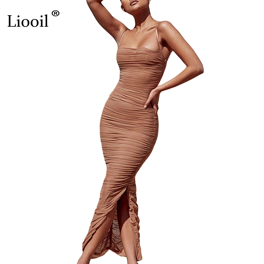 

Liooil Sexy Strapless Spaghetti Strap Draped Long Dress Women Elegant Summer Sheath Sleeveless Backless Party Maxi Split Dresses