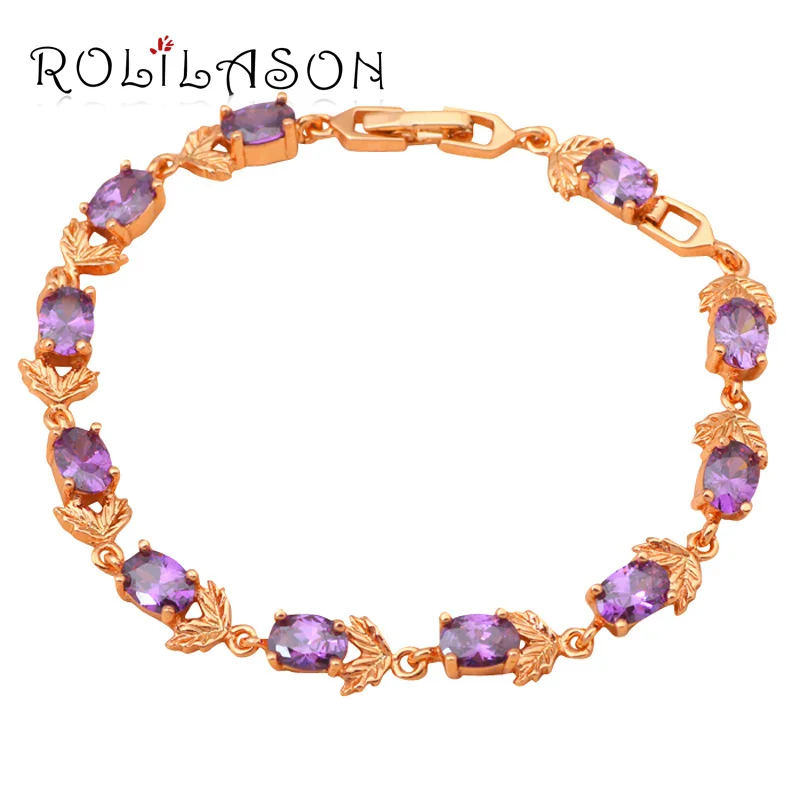 ROLILASON romantic rose pattern design violet purple crystal Zircon golden chain Bracelet wedding item Fashion jewelry TB666 | Украшения и