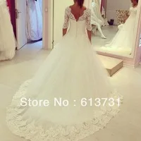 Vestido De Noiva 2014 New Arrival Sexy Half Sleeves A Line Court Train Lace Wedding Dresses Bridal Gowns Free Shipping