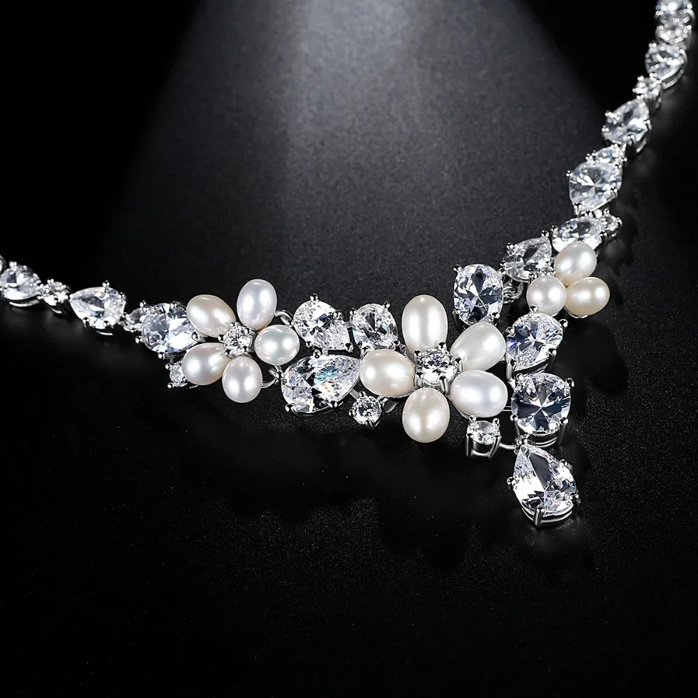 LUOTEEMI Culture D'eau Douce Perles Fleur et Clair CZ Waterdrop Nuptiale De Mariage Ensemble de Bijoux Pour Les Femmes Boucles D'oreilles Collier Ensembles - 4