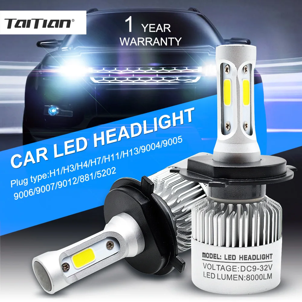 Taitian 2 шт. COB 72 Вт 8000LM 6500 К 12 В H7 turbo светодиодные фары H11 Canbus LED H4 авто h1 H3 H13 H27 880 9005 9006 9007 9012 5202