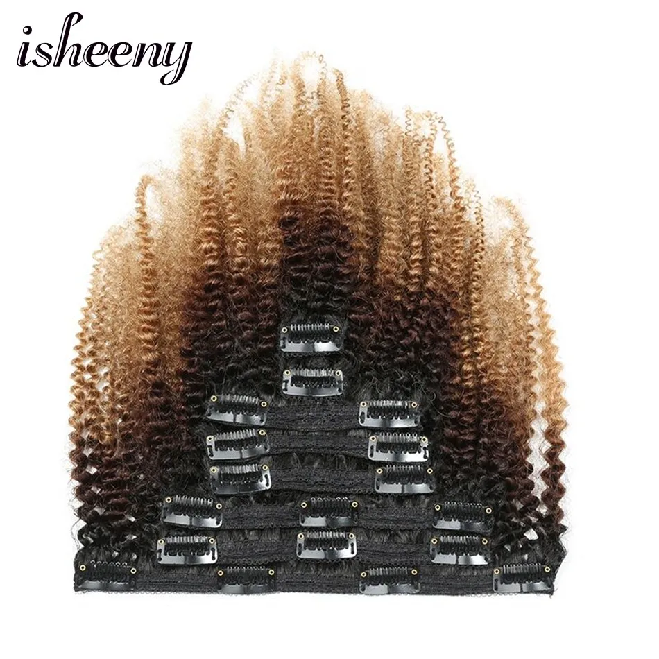 Isheeny 120g Clip Full Head 1B/4/27 Afro Kinky Curly Clip In Hair Extensions 8pcs/set Brazilian Human Extension Clip Hair