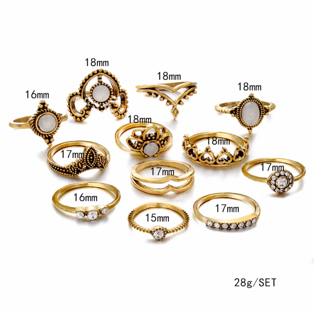 Sainio Crown Stone Midi Ring Sets Vintage Crystal Opal Knuckle Rings For Women 12PCS Bohemian Rings Set Statement Jewellery