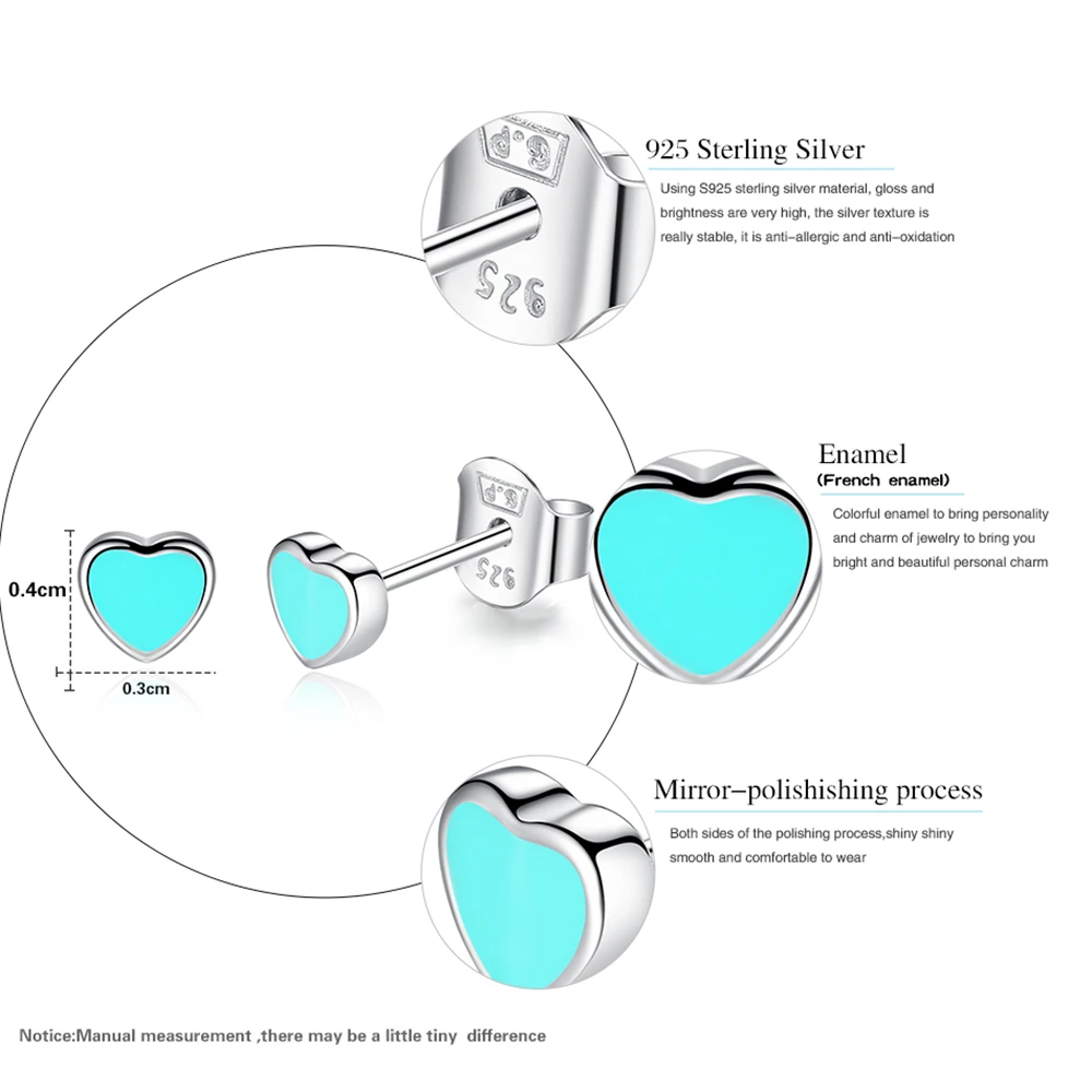 Модные 925 пробы серебряные милые маленькие розовые и голубые эмалированные серьги-гвоздики в форме сердца для женщин и девочек, детские ювелирные изделия