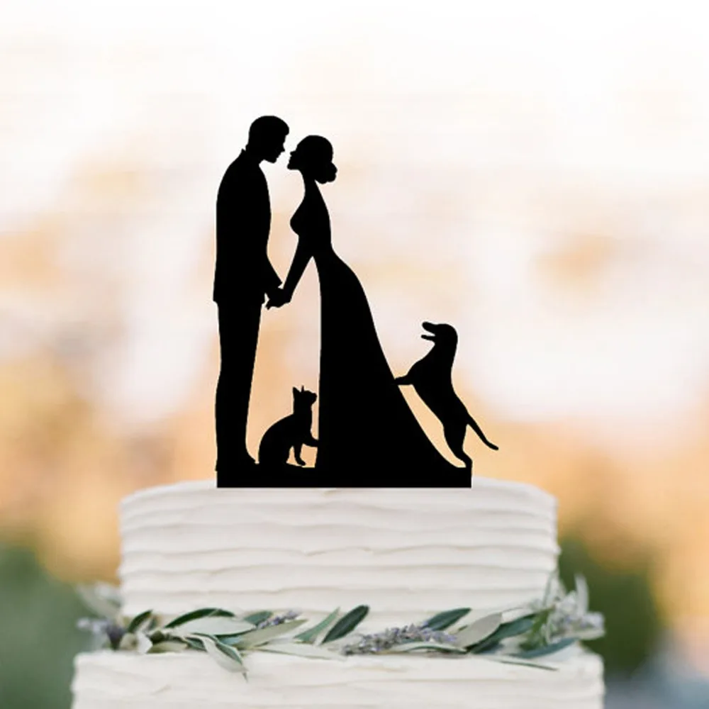 Personalized cake topper with custom Acrylic Wedding Cake topper with Cat & with dog Bride and groom Cake Topper with silhouette