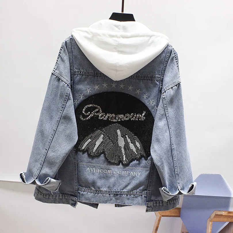 

Taotrees Women Letter Embroidered Diamond Loose Denim Jacket Female Jeans Coat Cowboy Jean Jacket Oversized Crop Jackets