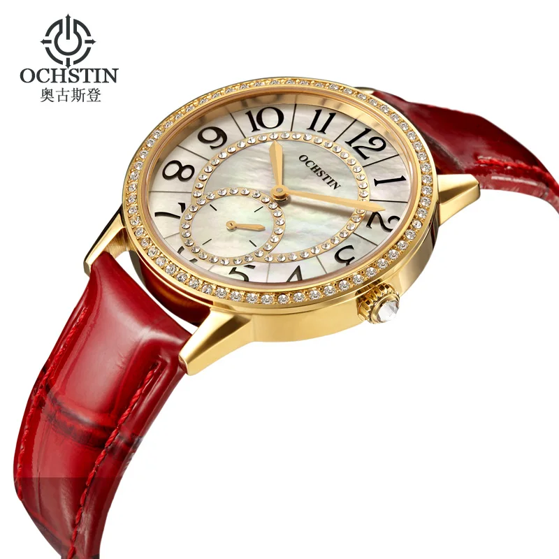 

Ochstin Rhinestone Women Watch Red Leather Bracelet Ladies Watch Women Water Resistant Quartz Wrist Watch for Girl Relojes Mujer