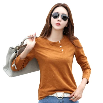 

100% Cotton Tees For Women Basic T-Shirt Casual O-Neck Tee Shirt Femme S~XXL Autumn Tops Long Sleeve T-Shirts
