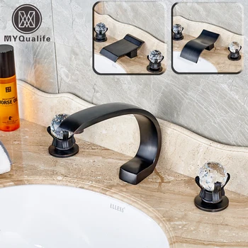 

2016 New Dual Crystal Knobs Deck Mount Waterfall Bathroom Sink Faucet Widespread Bath Mixer Tap