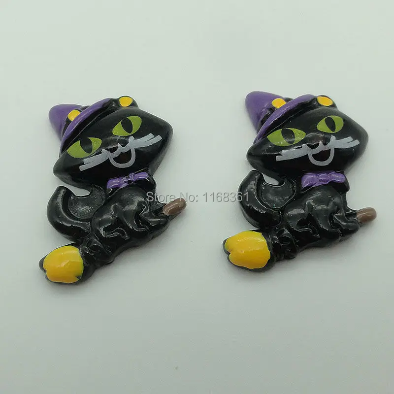 1pcs/lot resin flat back Halloween broom black cat 27mm Cabochons Scrapbooking Hair Bow Center DIY Christmas decration C105-3