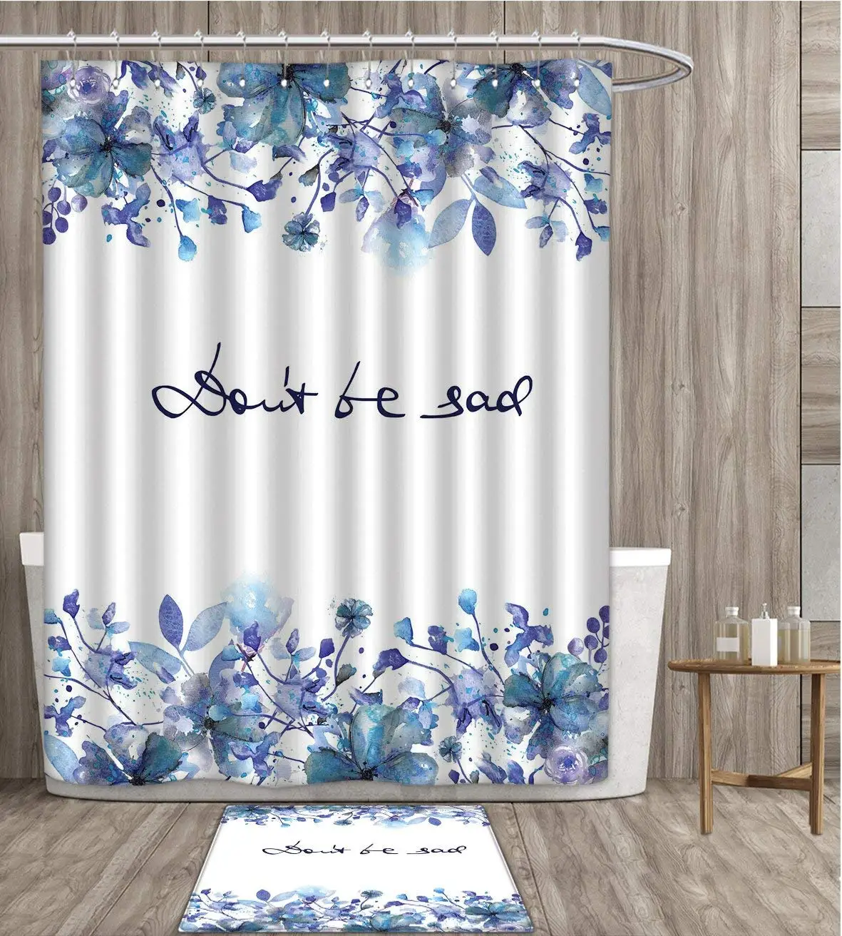 Watercolor Shower Curtain Eco Friendly Blue Flowers and Branches